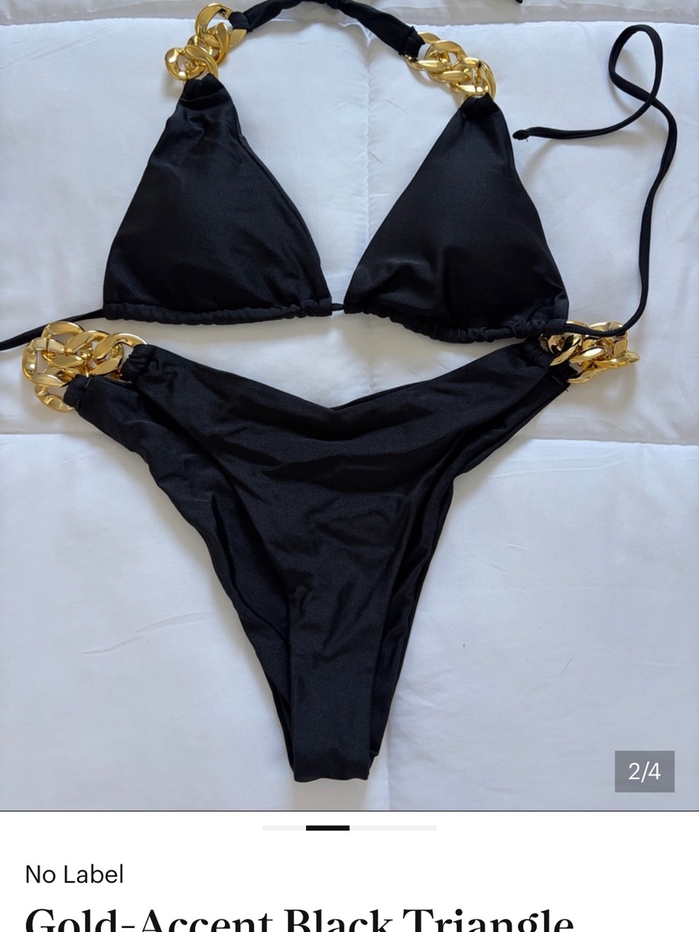 Gold-Accented Black Triangle Bikini Top and Bottom Set